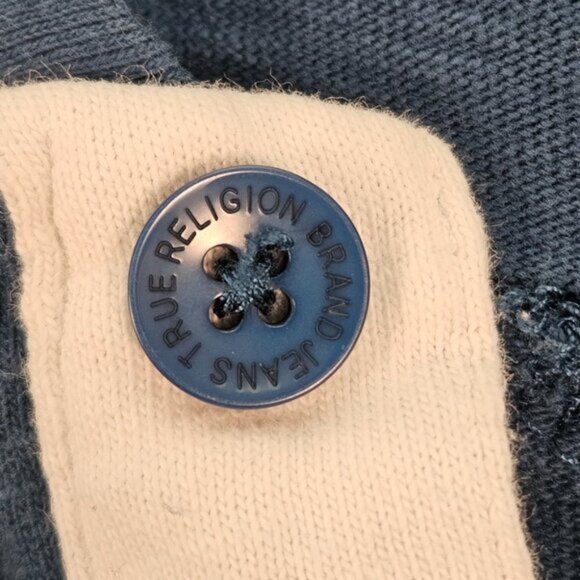 True Religion Shirt Henley Collar Embroidered Logo Short Sleeve Blue T-Shirt - Picture 9 of 10